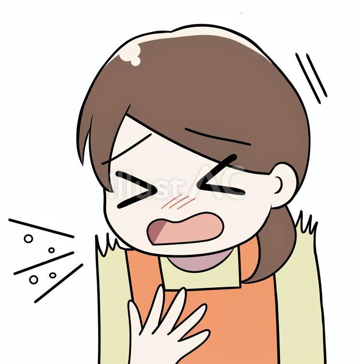 胸に手を当て咳するエプロン姿の母 病気,体調不良,風邪のイラスト素材