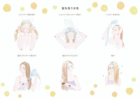 髪をあらうA 髪をあらうA 洗う,笑顔,女子,人,水彩,円,手描き,かわいい,ブラシ,ドライヤーのイラスト素材