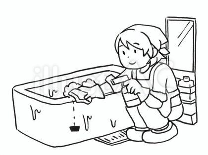 【白黒】お風呂掃除をする人【線画】