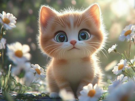 花畑でたたずむ子猫