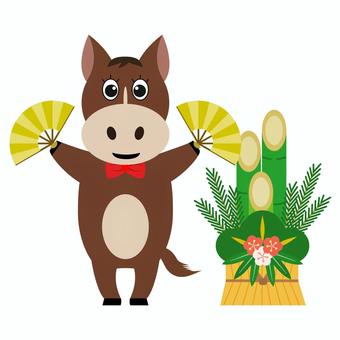 年賀素材 午年 馬 金扇子 門松 馬,年賀状,2026,午,正月,年賀,門松,扇子,金色,パーツのイラスト素材