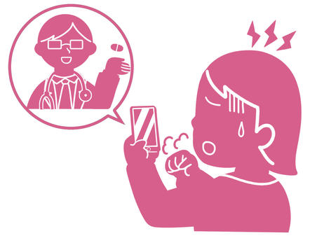 スマホでオンライン診察を受ける人（赤） スマホ診療,オンライン診療,診察,スマホ診察,医者,患者,体調不良,風邪,コロナ,インフルエンザのイラスト素材