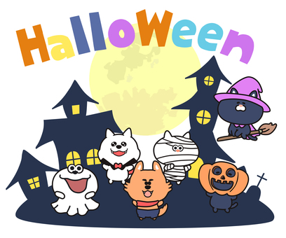 ハロウィンの街_02 おばけ,狼男,ドラキュラ,猫,魔女,かぼちゃ,手描き,ハロウィン,halloween,文字のイラスト素材
