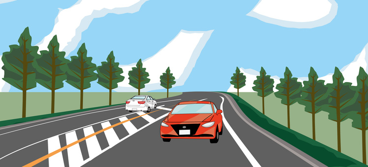 道路車走行　 道路,車,走行,車道,交通,風景,カーブ,車線,緩やか,植栽のイラスト素材