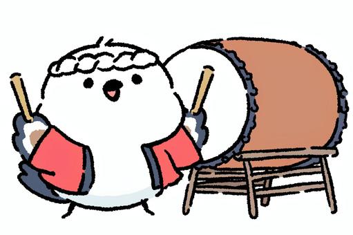 シマエナガ_和太鼓をたたく_01 シマエナガ,鳥,動物,手描き,ラフ,半被,はちまき,ハチマキ,祭り,イベントのイラスト素材