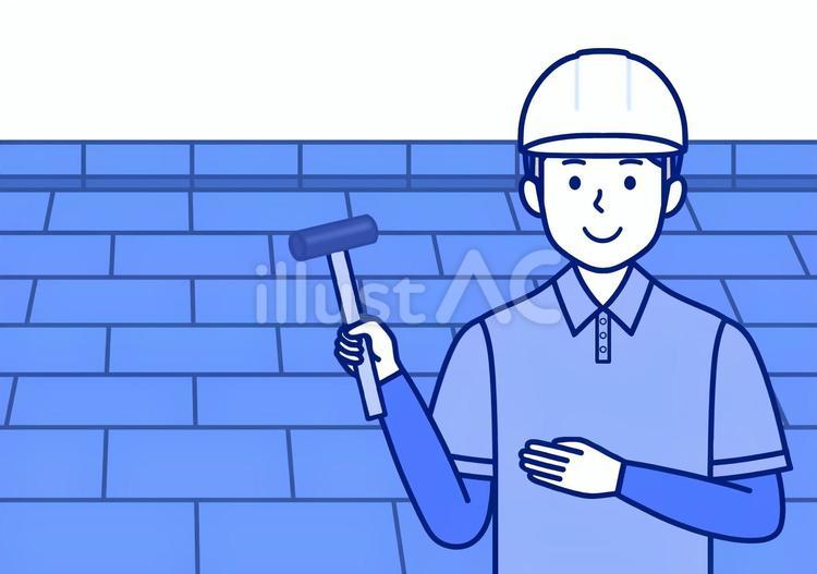 ストレート屋根と金槌を持つ屋根職人の男性 ストレート,屋根,屋根職人のイラスト素材