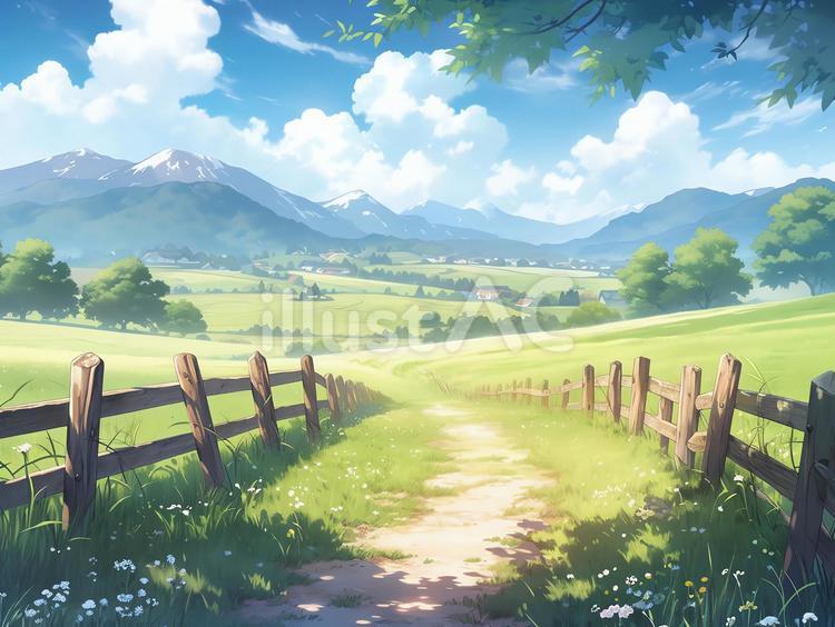 のどかな田園風景に続く柵のある小道_背景 緑,花,道のイラスト素材