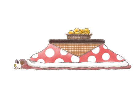 みかんとこたつと三毛猫 みかん,こたつ,三毛猫,冬,日本,年末,年始,手描き,イラスト,ほっこりのイラスト素材