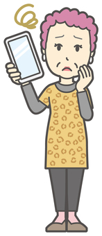  大阪のおばちゃん-224-全身 スマホ,困る,おばちゃん,大阪,ヒョウ柄,おばはん,中年,女性,関西,派手のイラスト素材