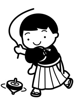 コマ回し-1c コマ回し,正月,遊び,コマ,着物,袴,たすき掛け,草履,足袋,笑顔のイラスト素材
