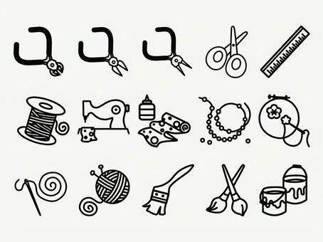 ホビーアイコンセット　黒 hobby,item,趣味,道具,ハンドメイド,刺繡,ミシン,ビーズ,はさみ,定規のイラスト素材