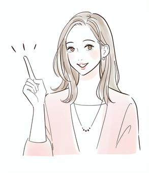 指差しして説明する女性 笑顔,女性,指差し,人差し指,ポイント,教える,説明,こちら,情報,アドバイスのイラスト素材