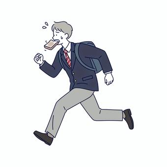 遅刻しそうでパンをくわえて走る男子学生 学生,高校生,中学生,男,制服,通学,遅刻,朝,走る,パンのイラスト素材