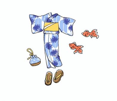 浴衣と金魚の夏祭りアイテムセット 浴衣,金魚,巾着,下駄,夏,祭り,日本文化,和風,和装,イラストのイラスト素材