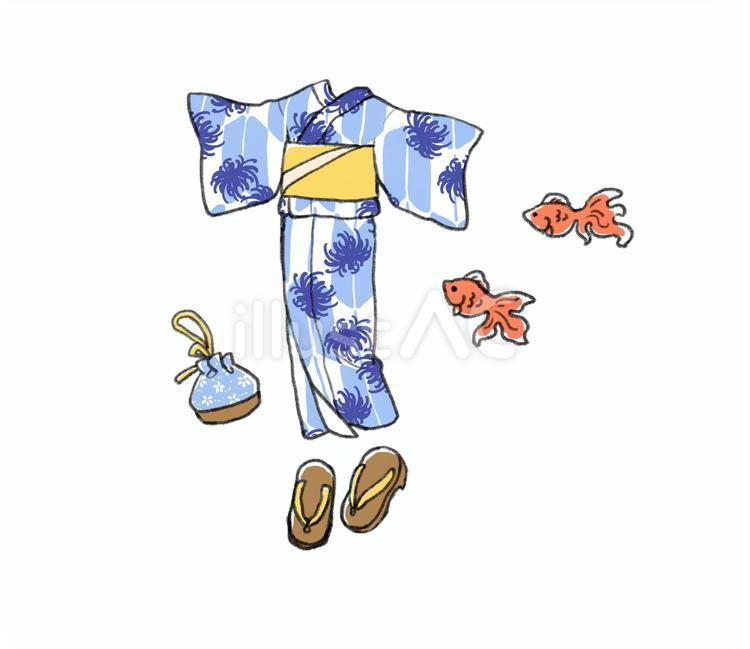 浴衣と金魚の夏祭りアイテムセット 浴衣,金魚,巾着のイラスト素材