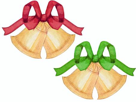 【水彩】クリスマスベル4 鈴,ベル,鐘,リボン,赤,緑,金,クリスマスオブジェ,クリスマスベル,ジングルベルのイラスト素材