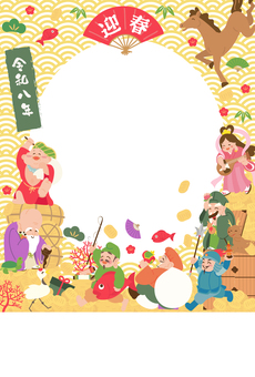2025七福神船フレーム②縦 年賀状,令和8年,2026年,馬,午,神様,七福神,恵比寿,毘沙門天,鶴のイラスト素材