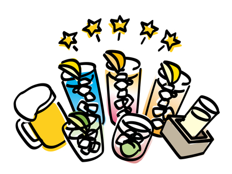 みんなで乾杯！_ラフな色ズレゆるい絵 乾杯,ビール,生,レモン,日本酒,冷酒,梅酒,ロック,カシス,オレンジのイラスト素材