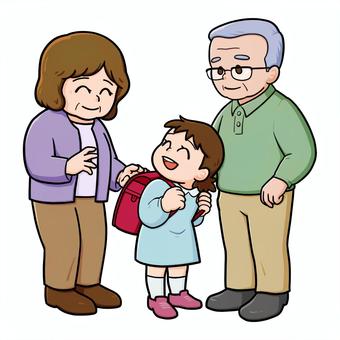ランドセルを背負う子どもと笑顔の老夫婦 ランドセル,女の子,人物,男性,女性,シニア,夫婦,おじいちゃん,おばあちゃん,笑顔のイラスト素材