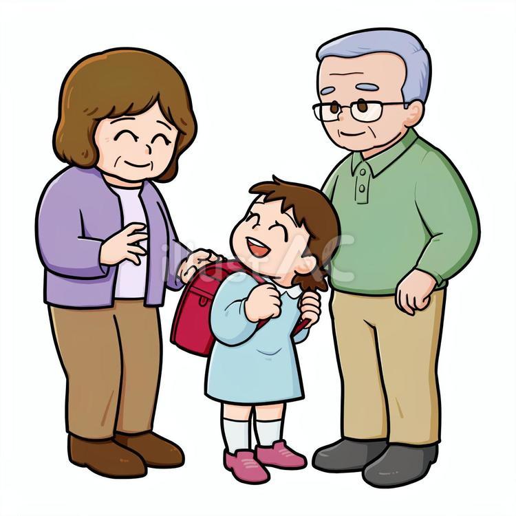 ランドセルを背負う子どもと笑顔の老夫婦 ランドセル,女の子,人物のイラスト素材