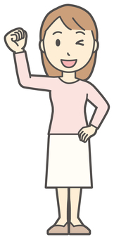  ロングヘア女性-413-全身 ガッツポーズ,女性,女の子,人物,かわいい,応援,喜ぶ,笑顔,表情,感情のイラスト素材