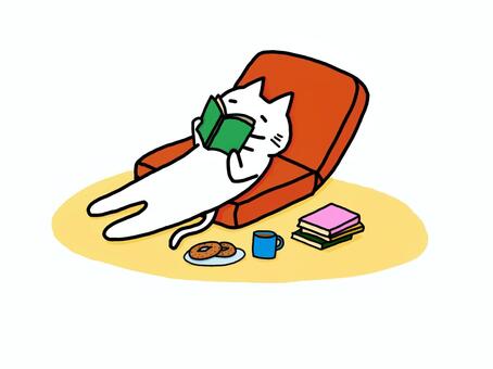 本を読む猫 猫,白猫,ソファ,インドア,ドーナツ,コーヒー,ココア,漫画,本,読書のイラスト素材