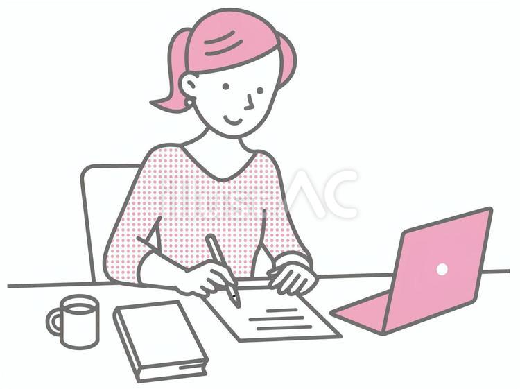 調べものをしながら書類を書く女性 女性,笑顔,人物のイラスト素材
