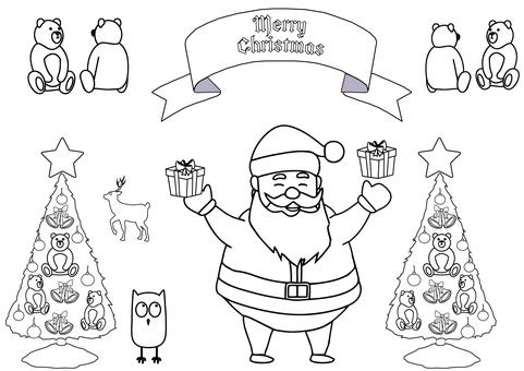 塗り絵・Merry Christmas 塗り絵,ぬりえ,クマ,クリスマス,冬,メリークリスマス,飾り,植物,インテリア,クリスマスツリーのイラスト素材