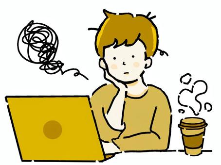 ぼんやりとパソコンを見ながら悩む男性茶色 悩む,考える,悩み,ぼんやり,鬱,うつ,憂鬱,憂うつ,退屈,暇のイラスト素材