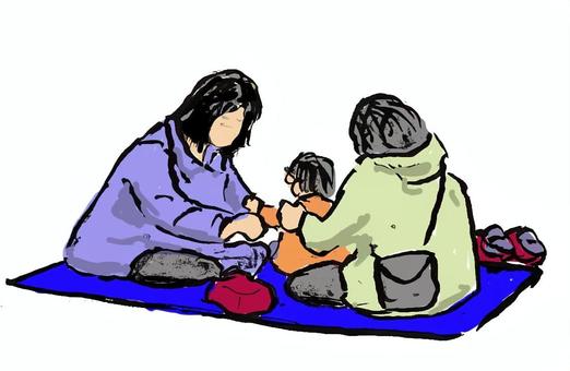 公園で楽しむ家族 家族,シート,休む,公園,会話,お母さん,おばあさん,祖父母,孫のイラスト素材