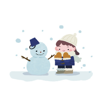 雪だるまと女の子の冬の手描きイラスト 雪だるま,女の子,冬,ゆき,かわいい,ゆるい,挿絵,園だより,人物,デフォルメのイラスト素材