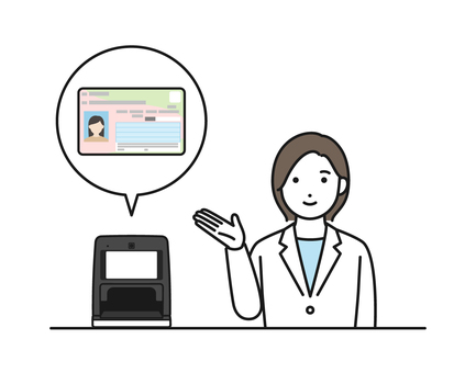 マイナカード受付を案内する白衣女性 マイナカード受付を案内する白衣女性 マイナンバーカード,保険証,受付,カードリーダー,マイナ保険証,案内,女性,白衣,薬剤師,医師のイラスト素材