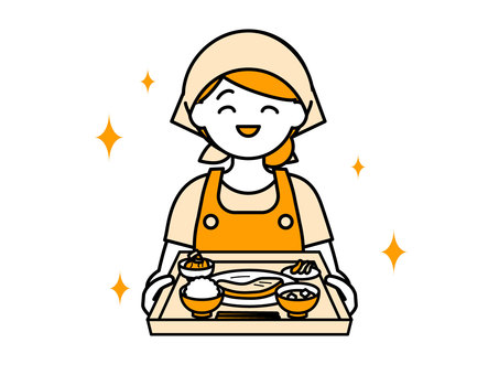 料理を差し出すエプロン姿の女性01 人物,女性,料理,和食,定食,ご飯,味噌汁,野菜,エプロン,食堂のイラスト素材
