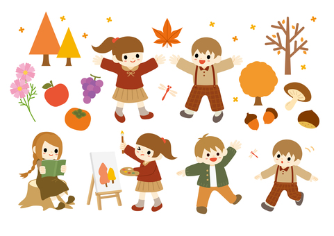 秋のこどもたち 人物,子供,キッズ,男の子,女の子,友達,小学生,園児,秋,遊ぶのイラスト素材