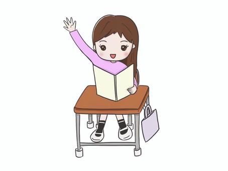 手を挙げる女の子 子ども,小学生,小学校,授業,学校,学習,教育,勉強,挙手,手を挙げるのイラスト素材