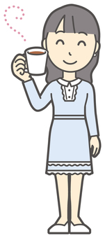  ワンピースお嬢様-030-全身 コーヒー,お嬢様,女性,女の子,オシャレ,人物,かわいい,マグカップ,飲む,お茶のイラスト素材