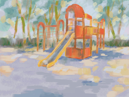 木漏れ日の中の公園の滑り台 滑り台,公園,遊具,風景,木漏れ日,絵,懐かしい,リラックス,パステルカラー,思い出のイラスト素材