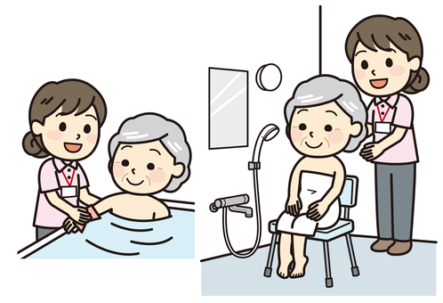 入浴介助 入浴介助,介護,お風呂,入浴,シニア,介助,風呂,シャワー,洗体,洗髪のイラスト素材