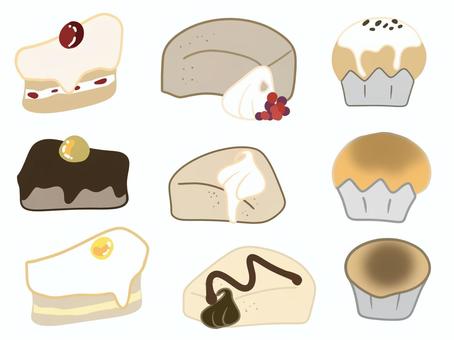 ケーキのイラスト ケーキ,ショートケーキ,シフォンケーキ,カップケーキ,食べ物,イラスト,手描き,セットのイラスト素材