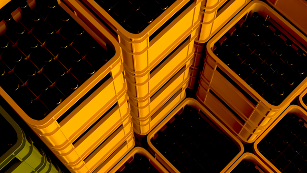 午後に積み上げられたケースと瓶 ビールケース,ケース,ビール箱,入れ物,3d,cg,瓶ビール,背景,緑色,黄色のイラスト素材