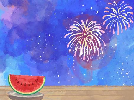 花火とスイカの水彩風壁紙 花火,花火大会,打ち上げ花火,フレーム,西瓜,祭,夜,お祭り,夏祭り,祭りのイラスト素材