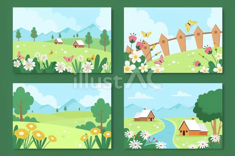 蝶々が飛ぶ柵のある草原や家の間を流れる川などの春の風景イラストセット 春,風景,自然のイラスト素材