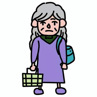 買い物かごを片手に疲れ顔で立つ高齢主婦 女性,シニア,高齢者,白髪,人物,全身,立つ,買い物,鞄,バッグのイラスト素材