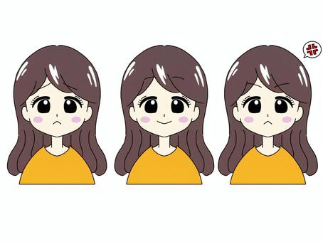 女性の表情3点セット 表情,セット,女性,喜怒哀楽,嬉しい,楽しい,悲しい,困る,怒る,ムカつくのイラスト素材