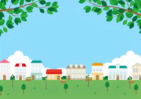 自然あふれる欧州の街並みの背景素材 自然あふれる欧州の街並みの背景素材 街,欧州,北欧風,家,街灯,木,葉,花壇,イラスト,青空のイラスト素材