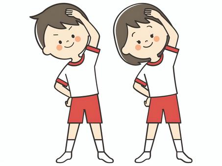 準備運動をする体操服のこどもたち 準備運動,ストレッチ,準備体操,ラジオ体操,体操,運動,柔軟,スポーツ,健康,体力のイラスト素材