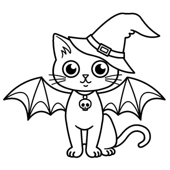 ハロウィン　悪魔の黒猫　線画 黒猫,悪魔,帽子,羽,ハロウィン,線画,塗り絵のイラスト素材