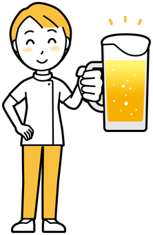  理学療法士女(黄)-393-全身 ビール,笑顔,理学療法士,整体師,白衣,医療,病院,柔道整復師,カイロプラクティック,鍼灸師のイラスト素材