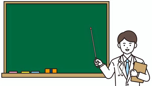 黒板前の男性医師（カラー）  医者,黒板,説明,指し棒,解説,紹介,看護師,医療,男性,白衣のイラスト素材