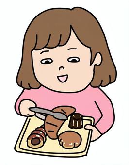 パンをトレイに乗せる女性2 女性,かわいい,ゆるい,手描き,パン,菓子パン,パン屋さん,トレー,トング,クロワッサンのイラスト素材